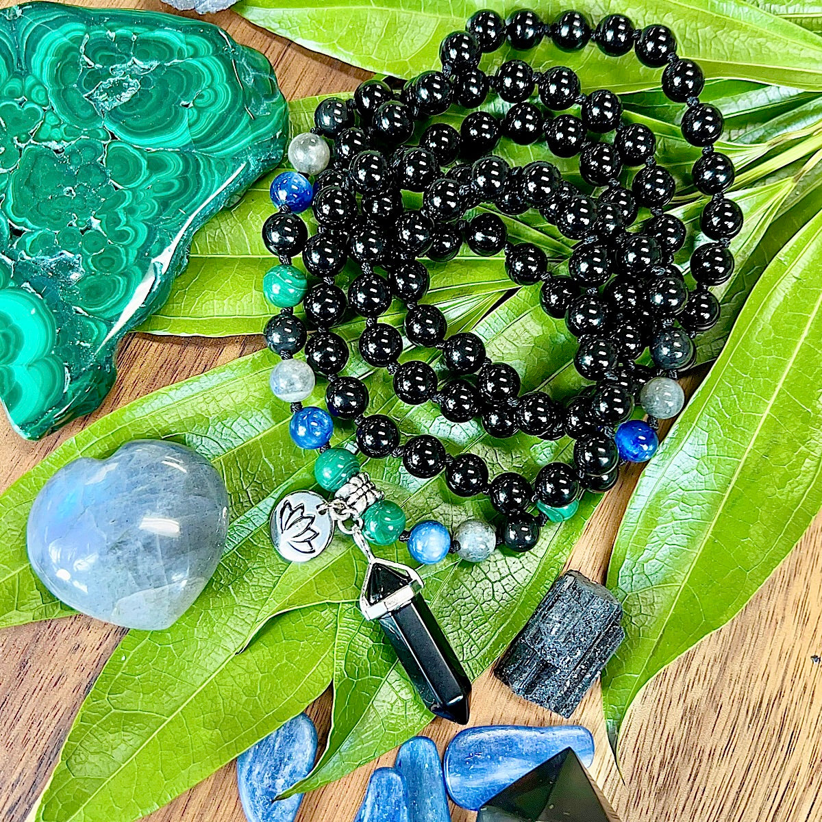 Limited Edition Spirit Master Black Onyx Elite Shungite Malachite Kyanite  Labradorite Tourmaline 108 Hand Knotted Mala with Point Charm Pendant