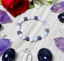 Load image into Gallery viewer, Triple Power Amethyst Rose Quartz Aquamarine Spiritual Awareness Matte 8mm Stretch Bracelet