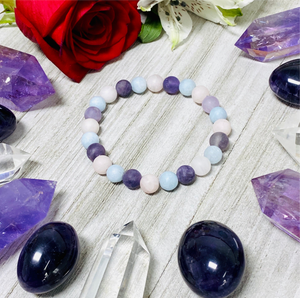 Triple Power Amethyst Rose Quartz Aquamarine Spiritual Awareness Matte 8mm Stretch Bracelet