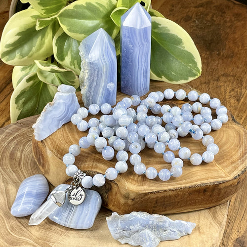 Limited Grade A Blue Lace Agate Goddess Relaxation 108 Hand Knotted Mala with Point Charm Pendant Necklace