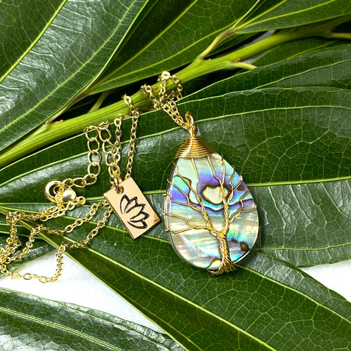 Tree of Life Teardrop Abalone Shell Wire Wrapped Pendant 18” Gold Necklace