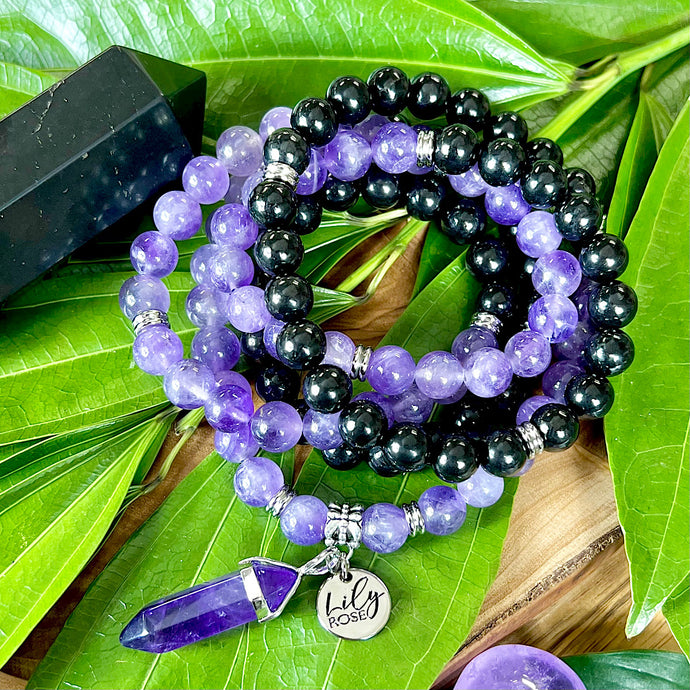 Only 3 Left! African Amethyst & Elite Shungite Third Eye Purify Premium Collection 108 Mala Necklace Bracelet