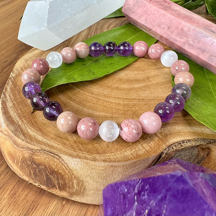 Unconditional Self Love Rhodonite Amethyst Satin Spar Selenite 8mm Stretch Bracelet