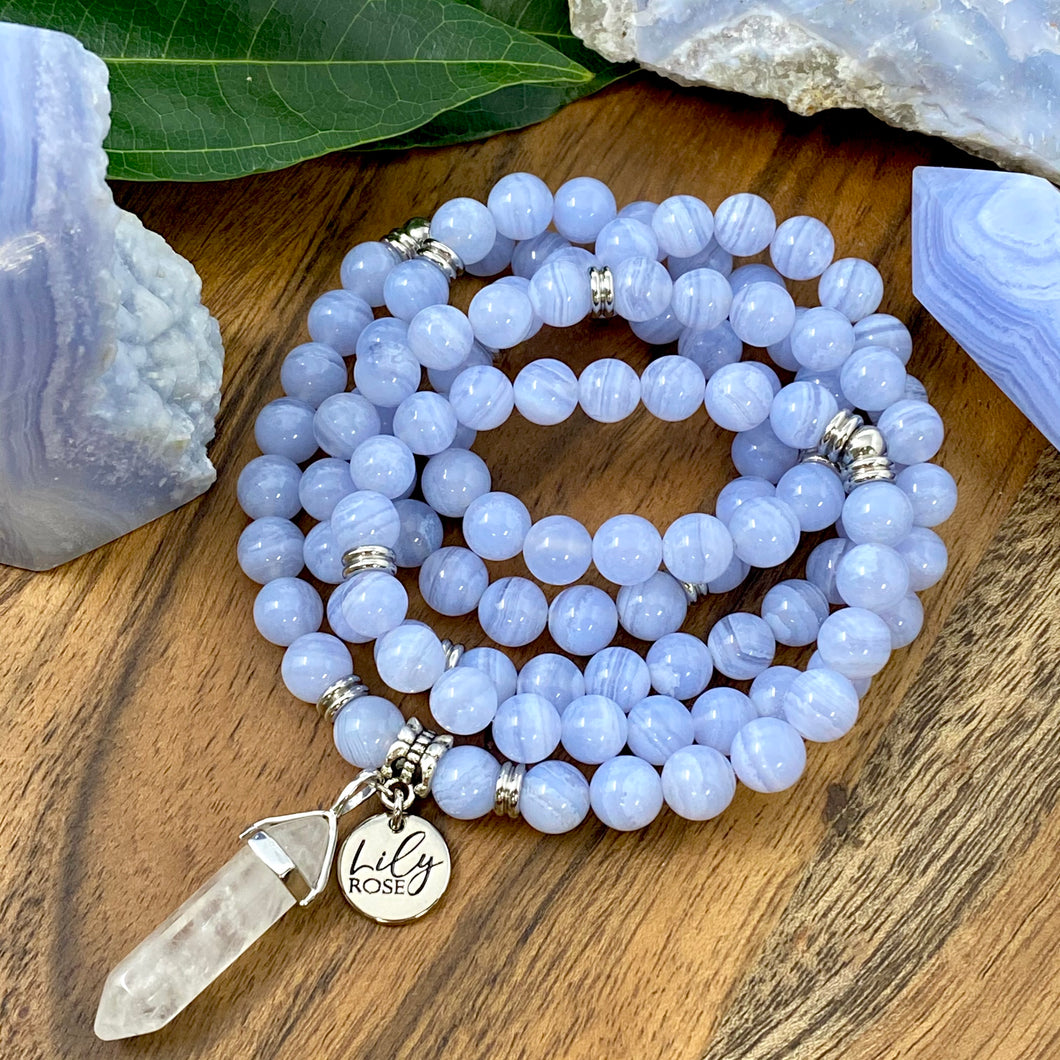 Last 1! Super Limited Blue Lace Agate Grade AAA Goddess Relaxation 108 Mala Necklace Bracelet